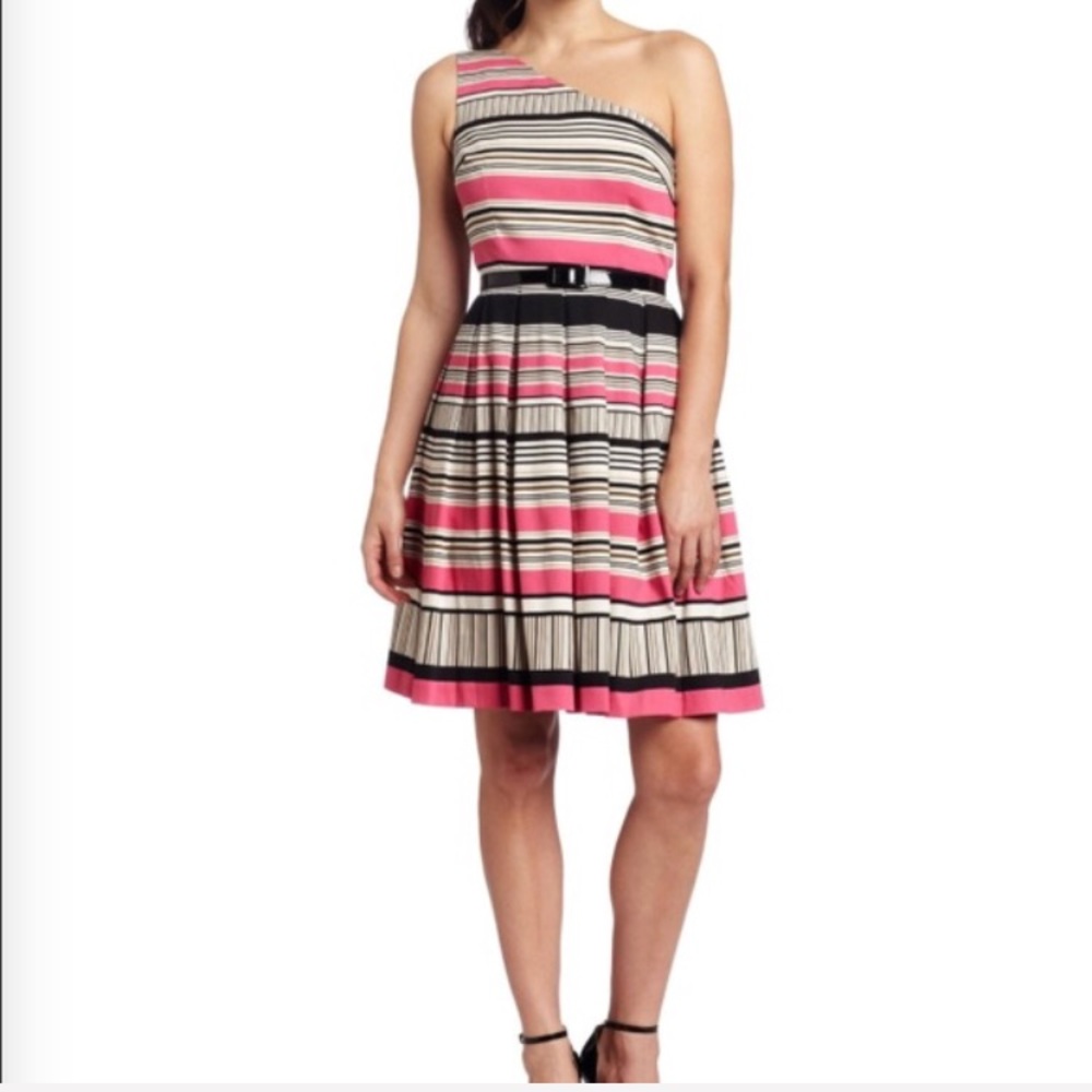 Pink tan and black striped One shoulder dress